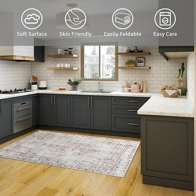 Easy-Going Boho Area Rug 3x5 Entryway Rug Washable Inside Door Mats for Home Entrance Non-Slip Vintage Distressed Small Rugs for Entry Living Room Kitchen Bathroom Lightweight Carpet, Grey Brick