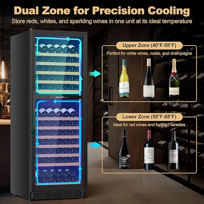 24 Inch Dual Zone Wine Cooler Refrigerator, Large Capacity Freestanding/Built-in Upgraded Professional Wine Fridge with Powerful Compressor, Advanced Cooling System, Quiet Operation, Black