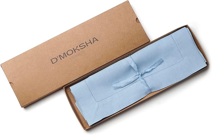 D'Moksha Homes Powder Blue Linen Cloth Placemats Set of 4-100% Pure Linen Hemstitch Placemats 14 x 19 Inch - Classic Hemstitch Table Place Mats for Christmas - Handcrafted and Machine Washable