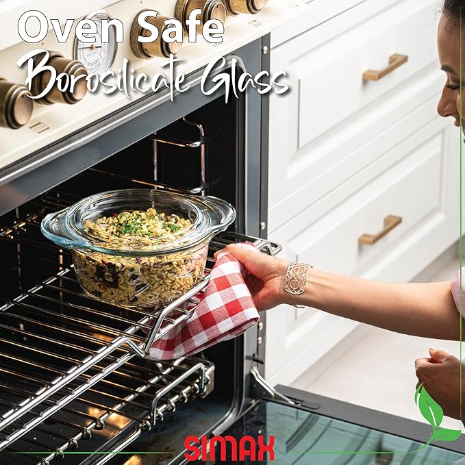 Glass Casserole Dish by Simax Clear Glass Round Casserole Dish with Lid and Handles Covered Bowl for Cooking Baking Serving etc. Microwave Dishwasher Oven and Stove Safe Cookware 1.75 Quart