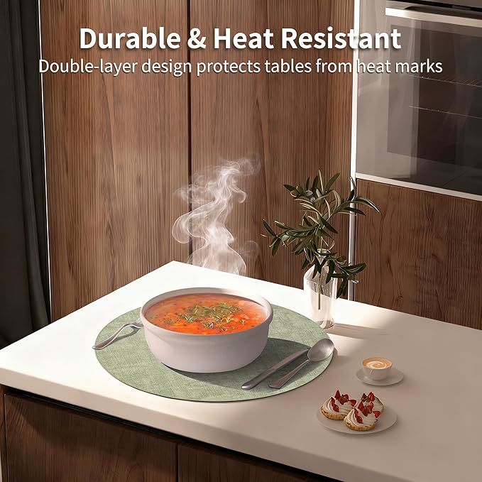 Maxpearl Round Placemats Set of 6, 13.8 inch Faux Leather Heat Resistant Table Mats, Non Slip Waterproof Wipeable Place Mats for Kitchen Dining Holiday Party Table Settings, Sage Green