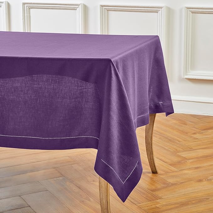 Solino Home Linen Tablecloth for Rectangle Tables 60 x 120 Inch - Classic Hemstitch 100% Pure Linen Purple Table Cloth - Machine Washable Cloth Tablecloth for Valentines