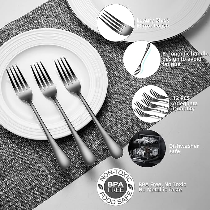 12 Piece Dinner Forks, 8 Inch, Top Food Grade Extra-Fine Stainless Steel Silverware Forks，Silverware Set, Dishwasher Safe （Black)