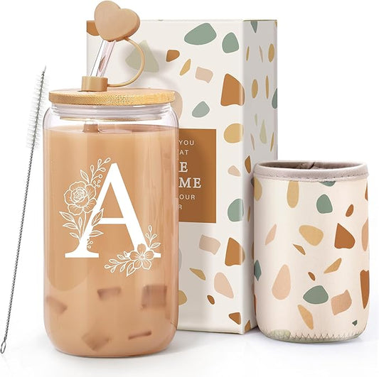 Personalized Gifts for Women, Monogrammed Gifts for Women, Initial 16 oz Glass Cups With Lids and Straws, Customized Mug, Personalized Birthday Gifts Christmas Gifts for Her Mom Friend Woman, A