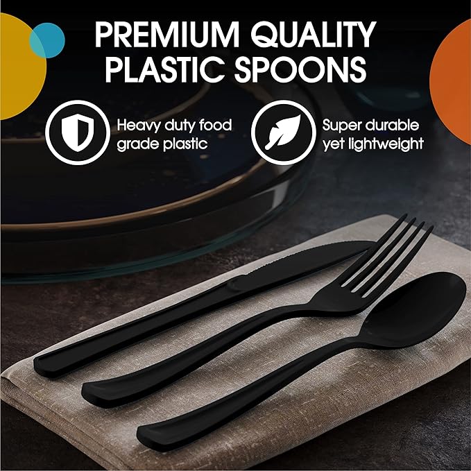 Party Solids Black Plastic Spoons 200 Pieces Black Spoons Disposable Utensils Heavy Duty Plastic Cutlery Set Disposable Cutlery Sets Flatware Sets Silverware Set Party Supplies & Party Tableware