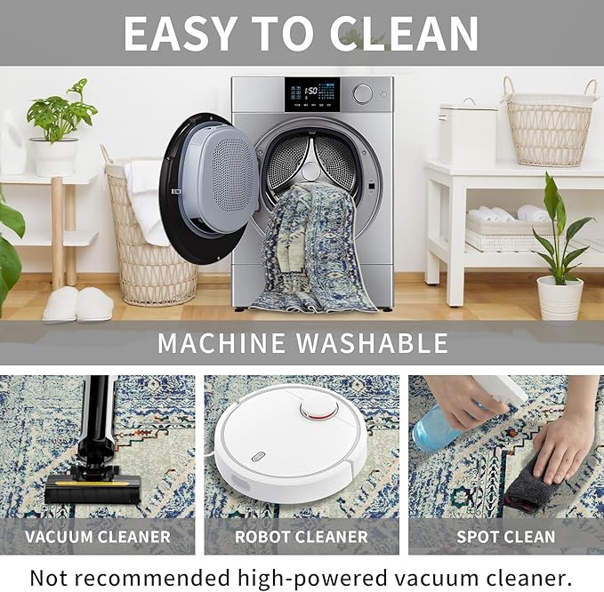 Easy-Going Area Rug 4x6 Washable Boho Rugs for Living Room Non-Slip Bedroom Rug Low Pile Lightweight Medallion Distressed Throw Rug for Dining Room Kitchen Home Office Carpet, Vintage Blue Cream