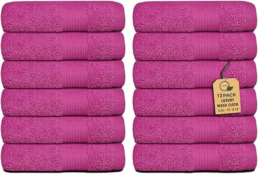 Premium Wash Cloths Pack of 12 (13" x 13") 100% Ring Spun Cotton | Luxury Washcloths | Ultra Soft Face Towels | Highly Absorbent Wash Cloths for face (Dark Pink)