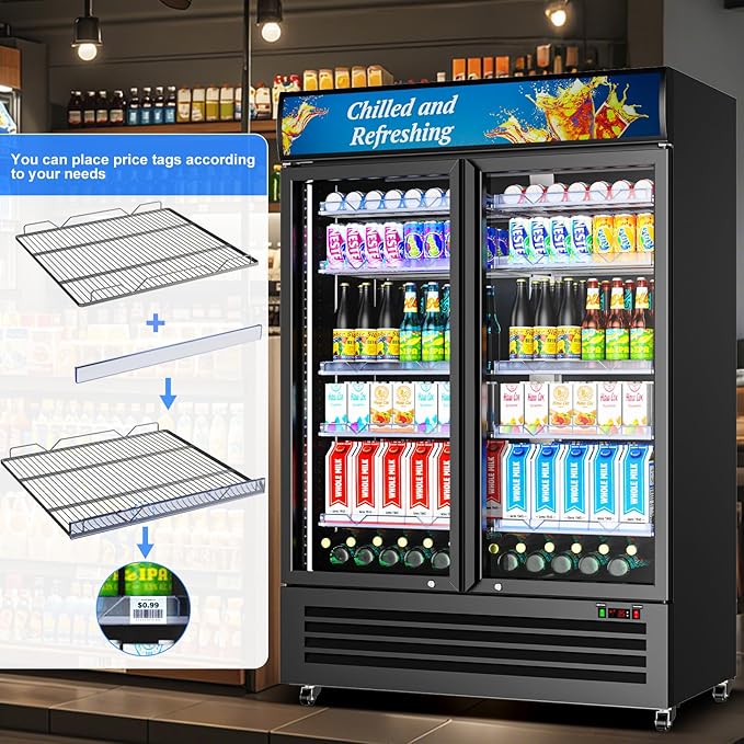 Commercial Beverage Refrigerator with 2 Glass Door, 383L Display Fridge Beverage Cooler with Customizable Lightbox Adjustable Shelves, Drink Fridge Merchandiser for Restaurant Shop, Black