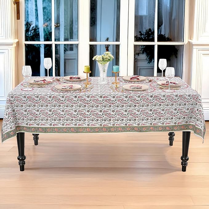 Ridhi Coral Pink Hand Block Print Cotton Rectangle Tablecloth 120" x 60" inches Reusable Table Cover Decorative Everyday Use for Dining, Farmhouse, Home, Party, Festive, Wedding, Fall