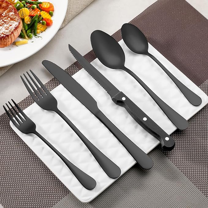 24 Pcs Black Forks and Spoons Silverware Set, Food Grade Stainless Steel Flatware Cutlery Set for Kitchen and Restaurant, 12 Dinner Fork(8") and 12 Teaspoon(6.7"), Mirror Polished, Dishwasher Safe