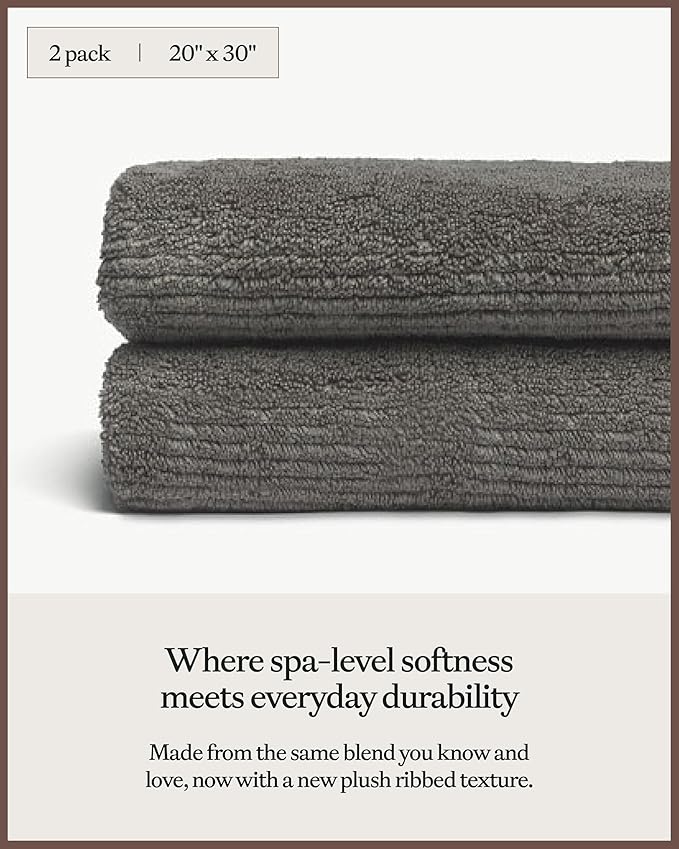 Cozy Earth Ribbed Hand Towel Set - 60% Cotton 40% Viscose from Bamboo Hand Towels - Soft & Absorbent Textured Ribbed Pattern - 2 Pack Charcoal