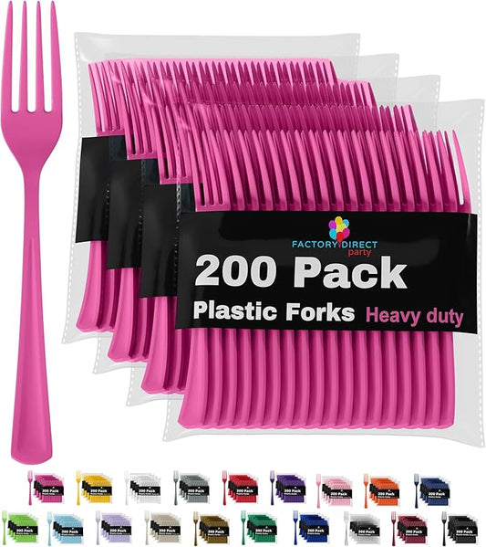 Party Solids Hot Pink Disposable Plastic Forks, 200 Pcs, 7.5 Inch, Heavy Duty, Hot Pink, Plastic Silverware