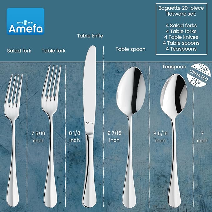 Amefa Baguette 20-Piece Flatware, Set for 4 – Stainless Steel Silverware with High-Gloss Mirror Finish, Rust-Resistant Dishwasher Safe Cutlery with Forks, Knives, Spoons, Salad Forks & Teaspoons