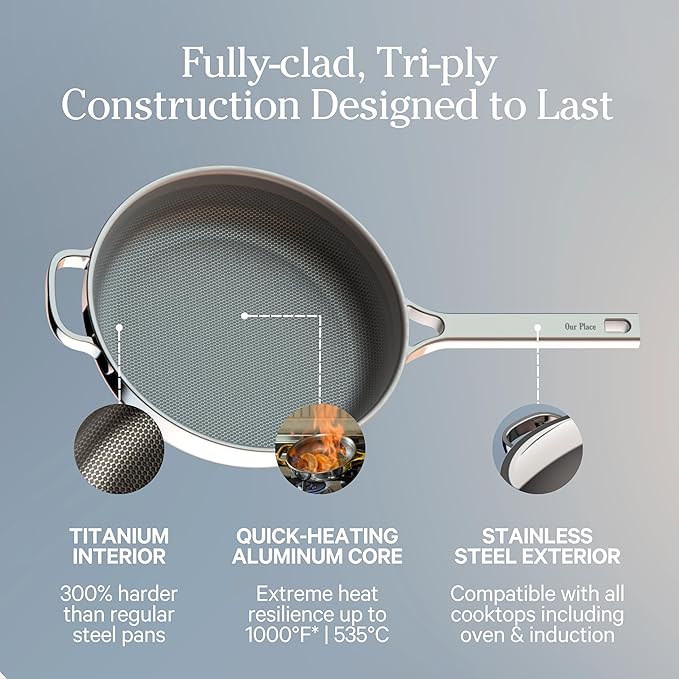 Our Place Titanium Mini Always Pan Pro - 8.5” (1.48 Qt) No-Coating Nonstick Skillet | Tri-Ply Titanium & Stainless Steel | Safe for Oven, Induction & Cooktops up to 1000°F | Includes Spatula | Chrome