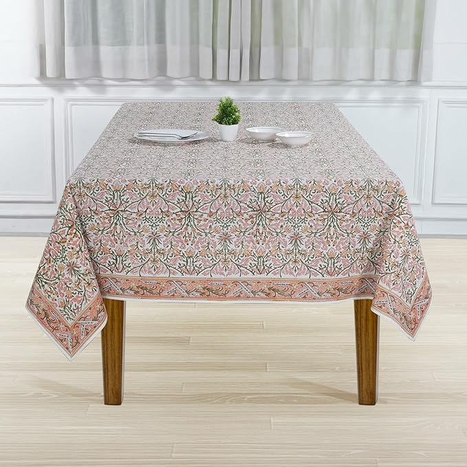Ridhi Sassy Salmon Emerald Green Hand Block Print Cotton Rectangle Tablecloth 120" x 60" inches Reusable Table Cover Decorative Everyday Use for Dining, Farmhouse, Home, Party, Festive, Wedding, Fall