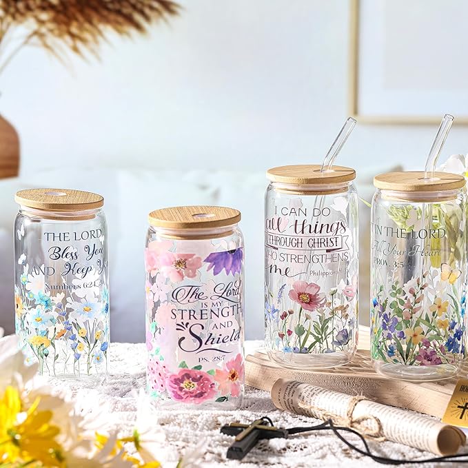 Mumufy 4 Pcs Christian Gifts for Women Set Bible Verse 16oz Glass Tumblers with Straw, Inspirational Prayer Affirmation Cups, Religious & Spiritual Gift for Mom Wife Sister or Friends for Christmas