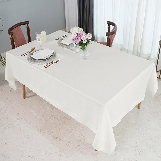 D'Moksha Homes Ivory Linen Tablecloth 60 x 108 Inch - 100% Pure Linen Ivory Table Cloth for Rectangle Tables - Classic Hemstitch, Machine Washable Tablecloth for Winter, Christmas, Holiday, New Year