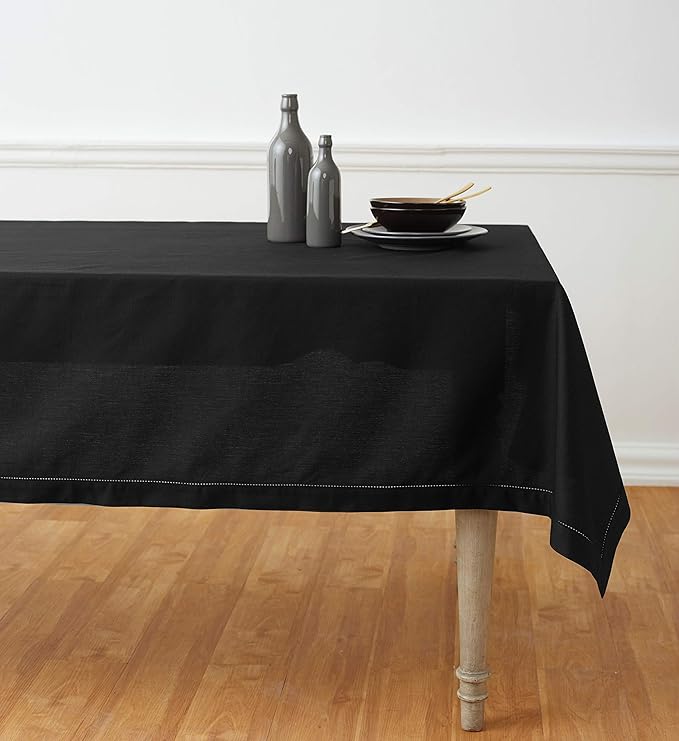 Solino Home Linen Black Tablecloth 58 x 104 Inch - Cotton Linen Hemstitch Rectangular Tablecloth - Machine Washable Table Cloth for Winter, Holiday, New Year