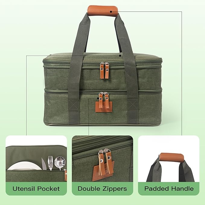 Fun Elements Casserole Carrier, Expandable Insulated Casserole Carriers for Hot or Cold Food, Thermal Lasagna Lugger Tote for Potluck/Parties/Picnic/Cookouts, Fits 9"×13" Baking Dish, Green