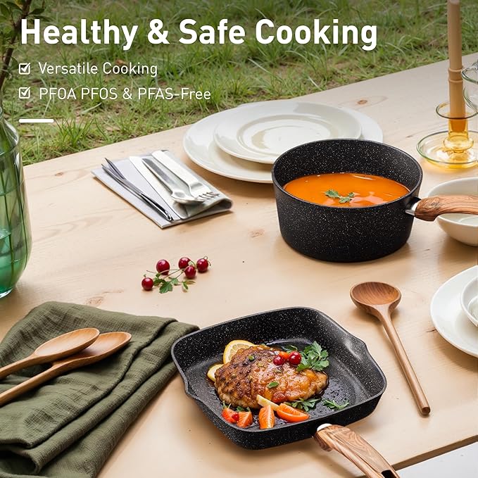 DishDelight Pots and Pans Set Non Stick, 17 Pieces Granite Kitchen Cookware Sets with Nonstick Granite Coating, Induction Cooking Set, Black