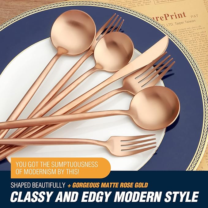 BirdyFly Matte Rose Gold Silverware Set, 20 Piece Stainless Steel Flatware Set Service for 4, Matte Rose Gold Cutlery Set, Include Knives/Forks/Spoons, Dishwasher Safe