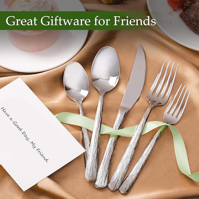 Aisoso 60-Piece High-End Silverware Set with Stone Patterned Handle Mirror Finished Stainless Steel Serving Utensils for 12, Durability and Dishwasher Safe for Home, Restaurant, Weddings