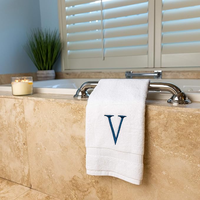 Monogrammed Hand Towels for Bathroom - Luxury Hotel Quality Personalized Initial Decorative Embroidered Bath Towel for Powder Room, Spa - GOTS Organic Certified - Set of 2 Navy Letter V