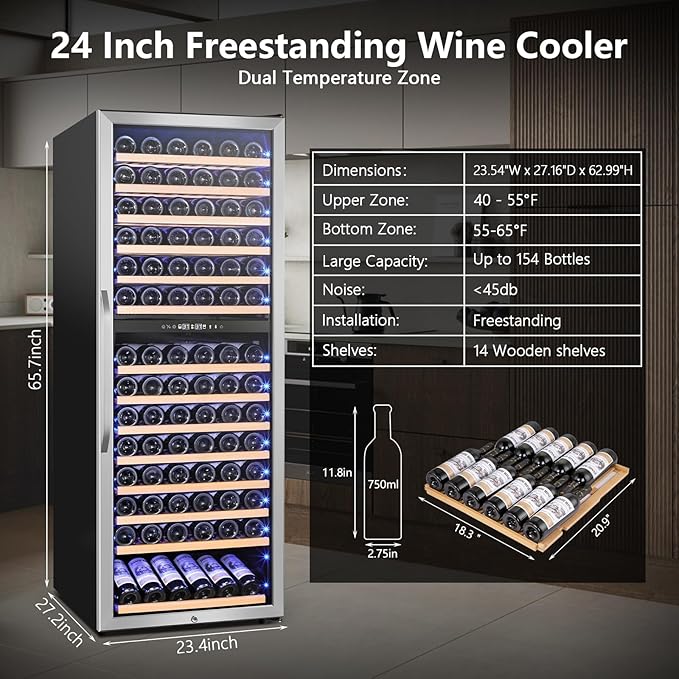 24" Wide Dual-Zone Wine Fridge 154-Bottles, Tall Freestanding/Built-in Wine Cooler Refeigerator, Large Capacity Dual Zone Wine Cellar For Wine Collection, Low Noise and Fast Cooling