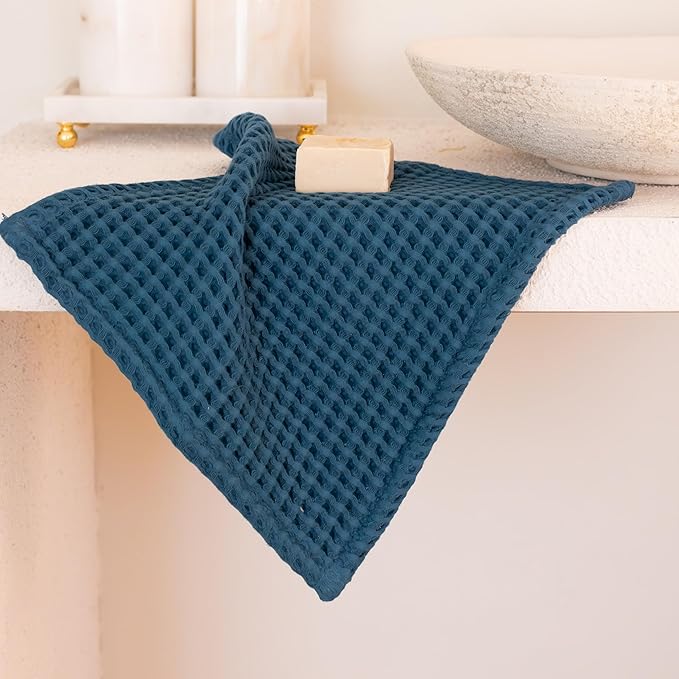 Premium Waffle Hand Towels Pack of 4 Extra Large 20x35 inch - 100% Turkish Cotton, Waffle Weave, Quick Dry, Lint Free, Super Absorbent, Thin Hand Bath Towel (Indigo, Set of 4 Hand Towels)