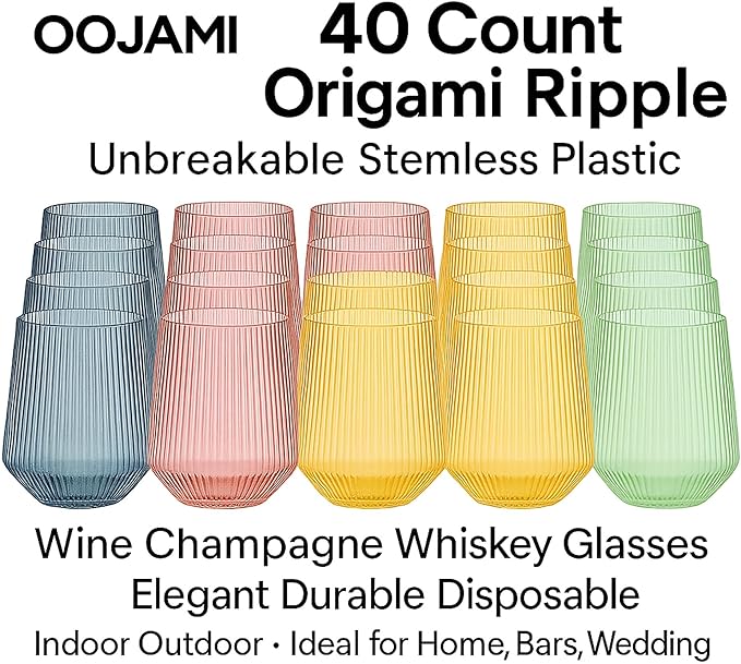 40 count Origami Ripple Unbreakable Stemless Plastic Wine Champagne Whiskey Glasses Elegant Durable Disposable Indoor Outdoor Ideal for Home, Bars, Wedding, Ribbed 12 Ounce Cups (Color Collection)