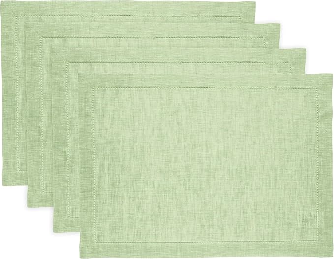 Solino Home Linen Placemats Set of 4 - Milan Hemstitch Pistachio Placemats 14 x 19 Inch - 100% Pure Linen Table Mats for Holiday