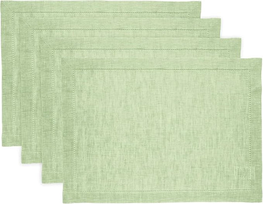 Solino Home Linen Placemats Set of 4 - Milan Hemstitch Pistachio Placemats 14 x 19 Inch - 100% Pure Linen Table Mats for Holiday