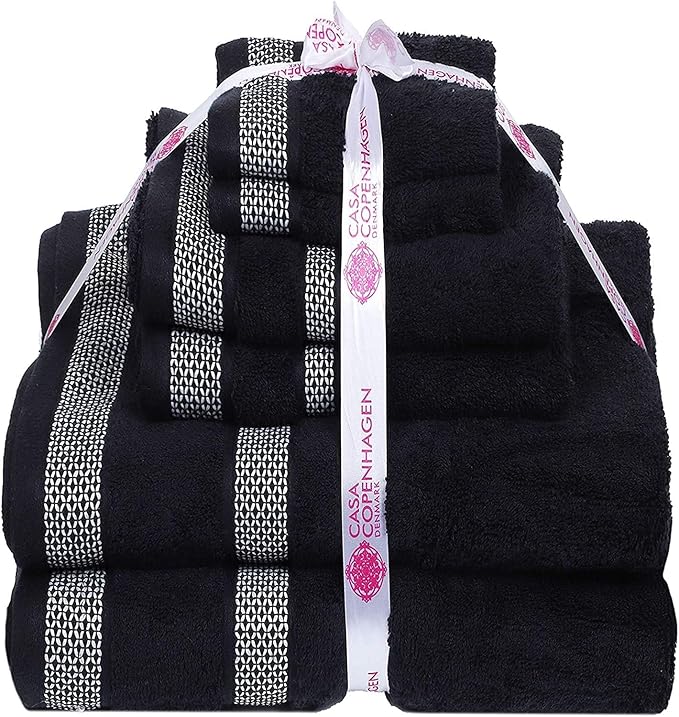 CASA COPENHAGEN Solitaire Designed in Denmark 600 GSM Hotel & Spa Decorative Kitchen & Bathroom Egyptian Cotton 6 Piece Towel Set, Includes 2 Bath Towels 2 Hand Towels 2 Washcloths – Dark Black