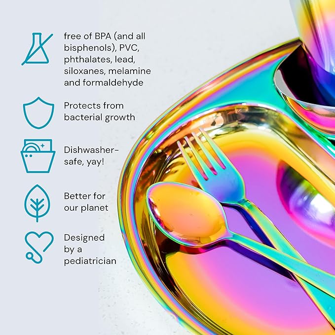 Ahimsa Stainless Steel Kids Utensils - 8 Pieces Kids Fork and Spoon Set, Pediatrician Designed Rainbow Silverware Set, 100% BPA Free & Dishwasher Safe (Rainbow)