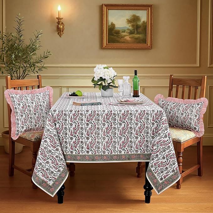 Ridhi Coral Pink Hand Block Print Cotton Rectangle Tablecloth 120" x 60" inches Reusable Table Cover Decorative Everyday Use for Dining, Farmhouse, Home, Party, Festive, Wedding, Fall