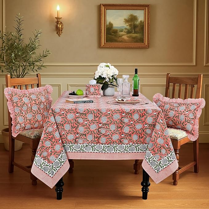 Ridhi Dark Salmon Pink Hand Block Print Cotton Rectangle Tablecloth 120" x 60" inches Reusable Table Cover Decorative Everyday Use for Dining, Farmhouse, Home, Party, Festive, Wedding, Fall