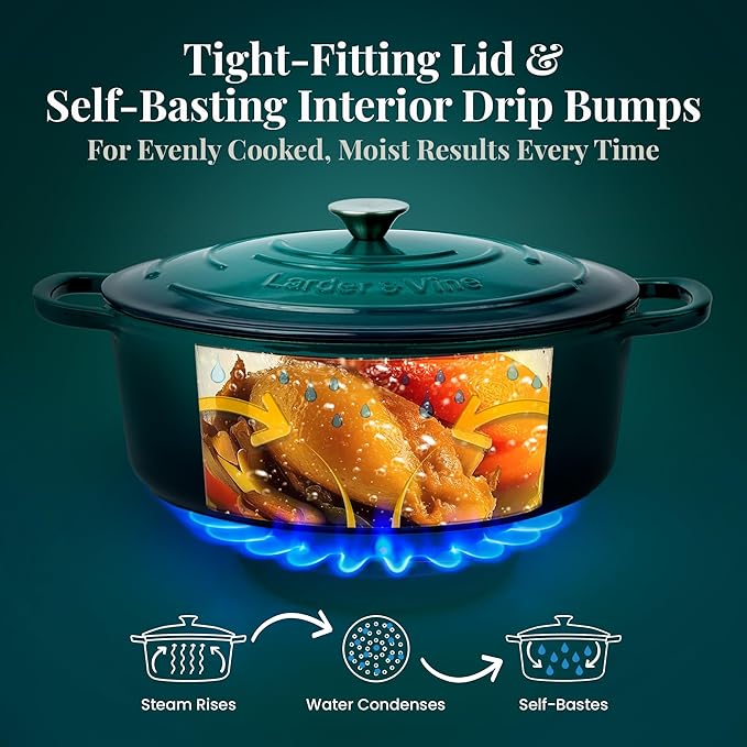 Larder & Vine Enameled Cast Iron 8 qt Dutch Oven Pot with Lid | Bread Baking | Compatible on All Cooktops & Oven Safe to 500° F | Great for Sourdough Bread | Bondi