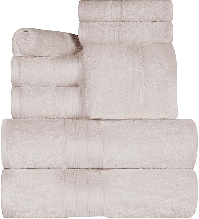 Superior Long Staple 100% Combed Cotton 700GSM 8-Piece Solid Towel Set for Bathroom, Shower, Kitchen-Super Soft, Plush, Assorted 8-Piece Towels, 4 Face/Washcloths, 2 Hand Towels, 2 Bath Towels, Ivory