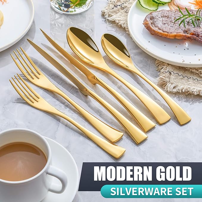 24 Pieces Gold Silverware Set with Steak Knives Service for 4,Modern 18/10 Stainless Steel Flatware Cutlery Set,Utensil Set for Home Restaurant Hotel,Mirror Polished,Dishwasher Safe