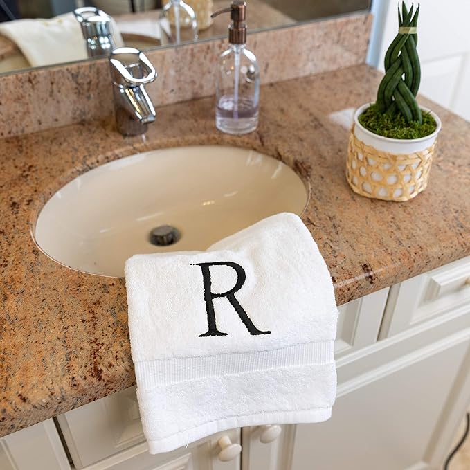 White and Black Monogrammed Hand Towel - Monogram Initial Hotel Quality Decorative Embroidered Luxury Towel for Powder Room, Spa - GOTS Organic Certified - Set of 2 Letter R