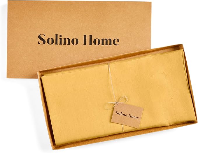 Solino Home Linen Tablecloth 52 x 52 Inch - 100% Pure Linen Mustard Yellow Square Tablecloth - Fete, Machine Washable Table Throw