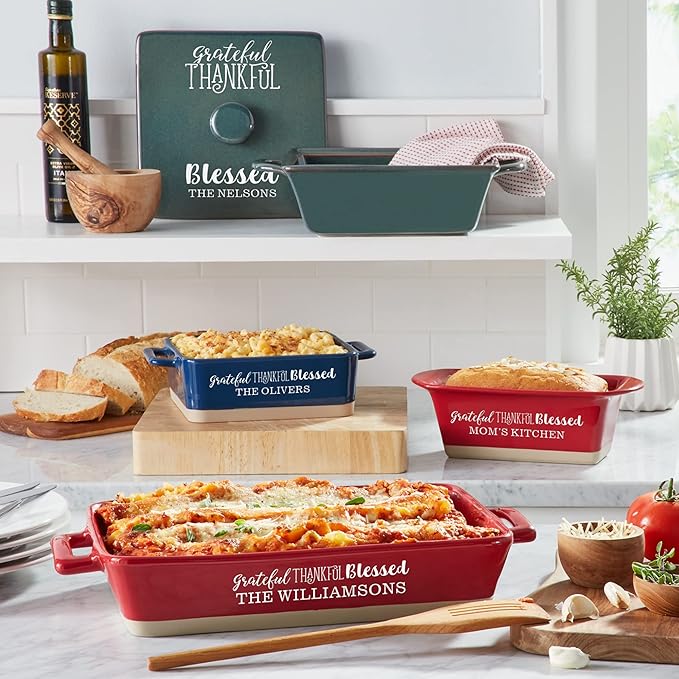 Let's Make Memories Personalized Grateful, Thankful, Blessed Stoneware - Red Casserole Dish