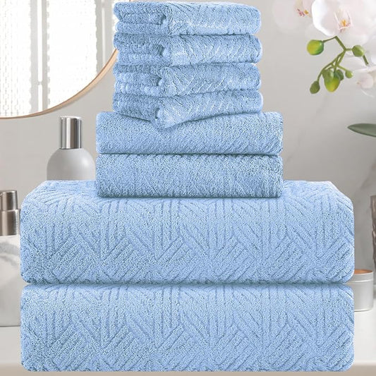 CHINO 8 Pieces Bath Towels Set, 2 Large Towels 35x70/2 Hand Towels 16x31/4 Washcloths 13x13 Bath Sheets Oversized, Quick Dry Ultra Soft Towel Sets for Bathroom Hotel SPA Collection Blue