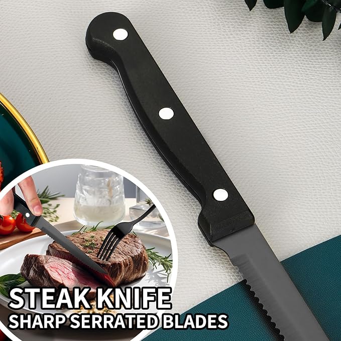 24-Piece Black Silverware Set with Steak Knives Black Stainless Steel Flatware Set for 4 Food Grade Tableware Cutlery Set Rust-proof, Mirror Polished, Dishwasher Safe