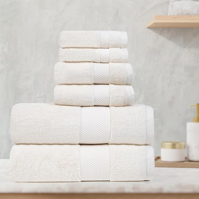 Farm to Home 100% Organic Christmas Bath Towel Set of 6 – GOTS & Oeko-TEX Certified Organic Cotton, Soft, Ultra Absorbent, Quick Dry - Includes 2 Bath Towels, 2 Hand Towels, 2 Washcloths - Pearl