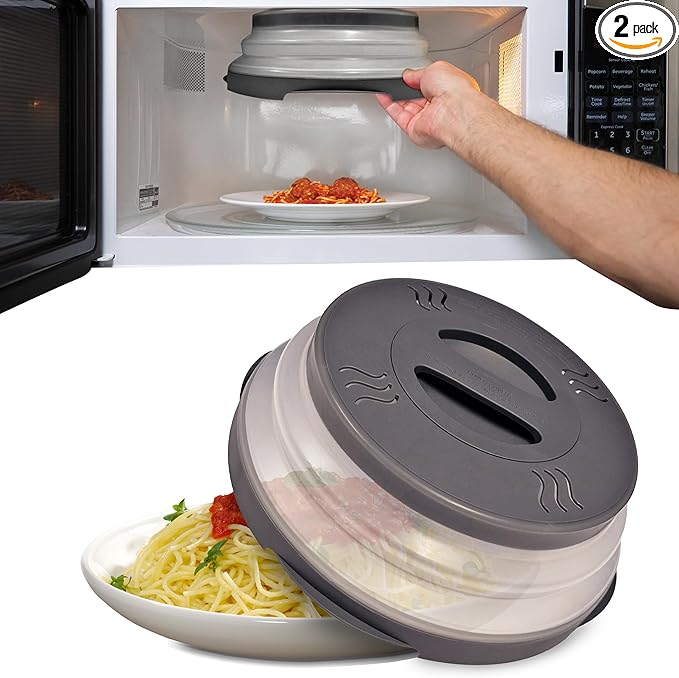 HOVER COVER Magnetic Microwave Splatter Cover with High Power, Strongest Magnetic Grip, Collapsible 12-Inch BPA-Free Food Lid, Vented Plate Guard, Dishwasher Safe, Space-Saving Storage - Gray, 2-Pack