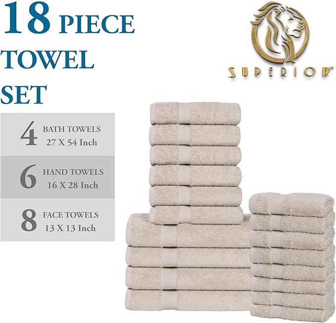 Superior 18-Piece Cotton Assorted Towel Set, Includes 8 Face/Washcloths, 6 Hand, and 4 Bath Towels, Lightweight Essentials, for Home, Gym, Beach, Bathroom, Quick Drying, Franklin Collection, Stone