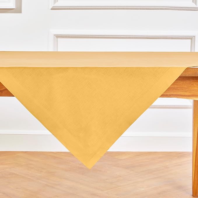 Solino Home Linen Tablecloth 52 x 52 Inch - 100% Pure Linen Mustard Yellow Square Tablecloth - Fete, Machine Washable Table Throw