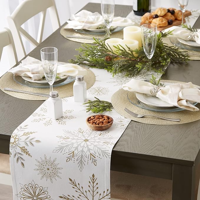 DII Holiday Dining Table Linen Sparkle Metallic Kitchen Décor, Table Runner, 14x72, Snowflakes Print