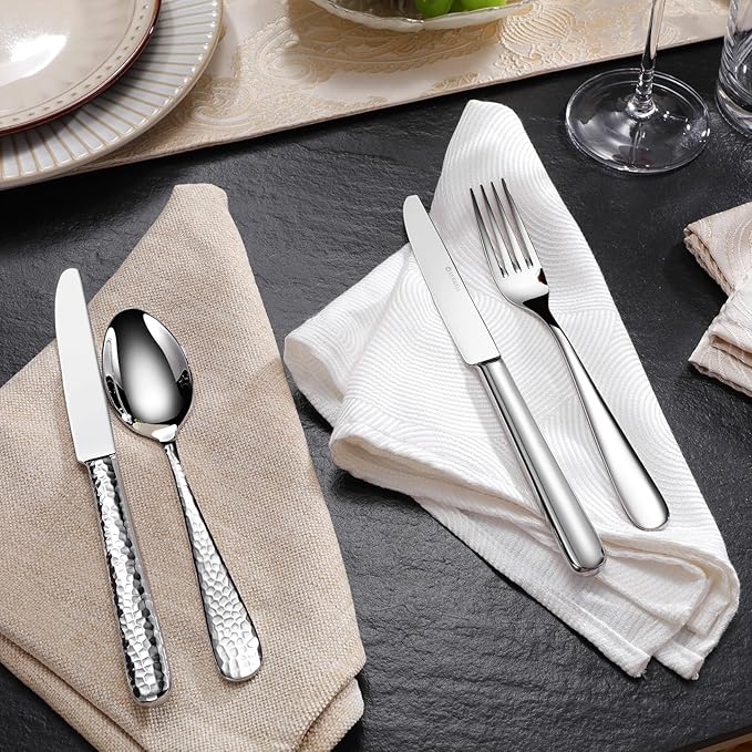 KEAWELL Premium 20/45/65 Piece Louise Hammered Silverware Set with Round Edge, 18/10 Stainless Steel, Service for 4/8/12, Fine Flatware Set, Dishwasher Safe (45)